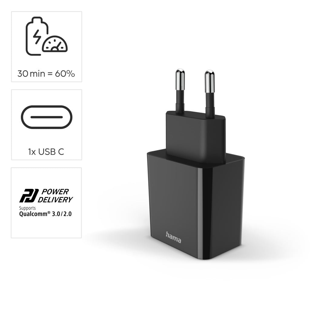 HAMA Szybka Ładowarka Sieciowa 20W, USB-C, Technologia Power Delivery, Kompatybilna z iPhone’ami od 11 do 15, Idealna do Smartfonów, Tablety, Powerbanki, Bezpieczne Ładowanie, Czarna