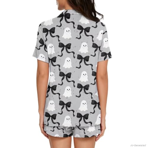 Image of Renewold Button Down Womens Pajama Set Short Sleeve Loungewear Bow Nightwear Sleepwear Night Suit Tops Shorts 2 Pieces
