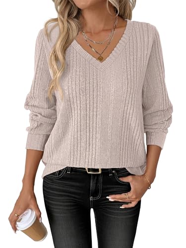 ANRABESS Womens V Neck Sweaters 2025 Fall Long Sleeve Shirts Lightweight Ribbed Knit Basic Casual Office Work Tunic Tops