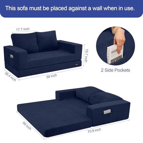 Image of COMAX Futon Sofa Bed, Convertible Sofa Bed, Folding Boneless Couches | Boneless Couch for living room, 4‑in‑1 Fold Out Small Foldable Loveseat Floor Sleeper Mattress Lounge Space‑Saving, Navy