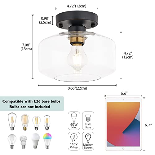 Semi Flush Mount Ceiling Light, Clear Glass Shade, Brass Accent Socket, Modern Ceiling Light Fixture With Black Finish For Kitchen, Hallway, Entryway, Dining Room, Bedroom, Cafe, Bar, Living Room #TOP2
