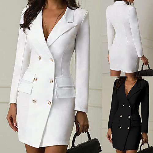 Women's Blazer Dresses Long Sleeve Button Front Elegant Solid Blazer Mini Dress Double Breasted Long Jacket Coat Dress4