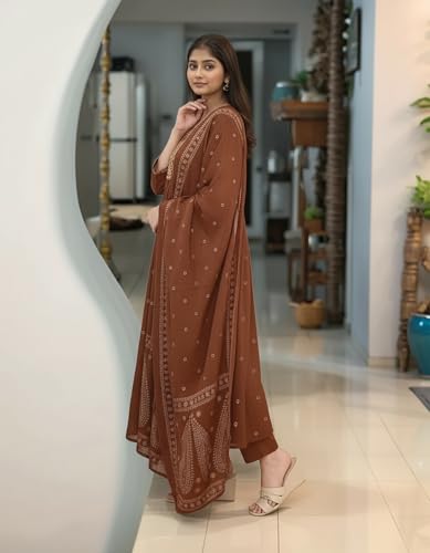 Image of ANNI Designer Women's Rayon Viscose Printed Embroidered Anarkali Kurta with Pant & Dupatta | Ethnic Kurti Set with Embroidery | Soft Comfortable Fabric | Stylish Outfit for Festive, Office