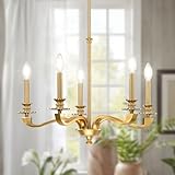 Gold Chandeliers for Dining Room, 25.5 Inch Vintage Gold Chandelier Light Fixture over Table, Farmhouse Candle Chandeliers, 5-Light Brass Chandeliers for Kitchen, Bedroom, Living Room (E12 Base)