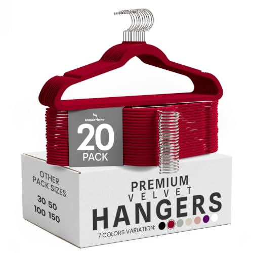 Image of Utopia Home Velvet Hangers, Burgundy, 20 Pack | Luxury Non-Slip Slim Pant & Coat Hangers, Strong Space-Saving Clothes Hangers with Pants Bar and 360 Swivel Hook