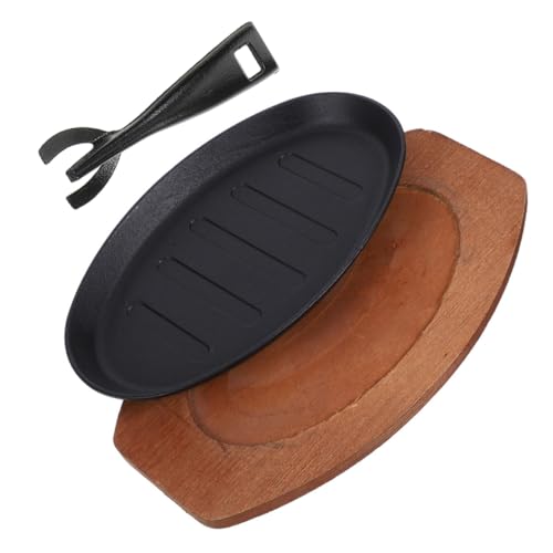 UKCOCO Plaque De Cuisson En Fonte 30 Cm Avec Planche En Bois Répartition Uniforme Chaleur Poêle à Griller Pour Steak, Fruits De Mer Et Légumes Usage Intérieur Et Barbecue Ensemble Plat Teppanyaki