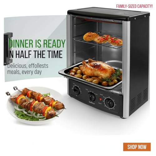 Image of NutriChef Multi-Function Rotisserie Countertop Oven | 24 Quart Vertical Glass Door Convection Oven, for Rotisserie Roasting & Broiling | Timer & Temperature Control | 13.4 x 12.2 x 18.9