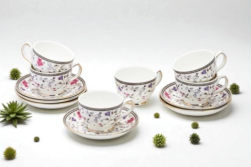 Image of Fine Bone China Multi Flower Cups and Saucer with Golden Line, 180 ml Tea Cup Set of 6 Cup and Saucer Set for Tea Milk Coffee Chai, Teacup Set