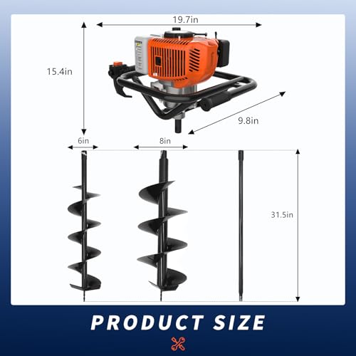 62cc 2-Stroke Auger Post Hole Digger with 2 Extension Rods & 6\" & 8\" Auger Bits - Gas Powered Earth Auger for Fencing, Gardening, Construction - Heavy Duty Digging Machine (62cc+2 Auger Bit(6\"8\"))