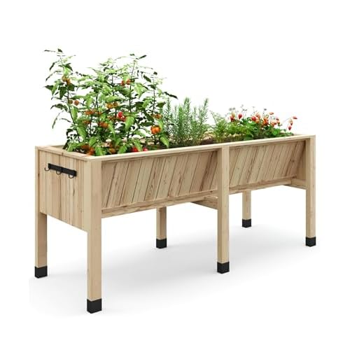 Aptliton Sturdy Wooden Raised Garden Bed with Legs – 72x26x31in, 13.7" Deep Elevated Planter Box with Detachable Liner & Hooks – Ideal for Outdoor Vegetables & Herbs on Patio, Balcony, Backyard – Log