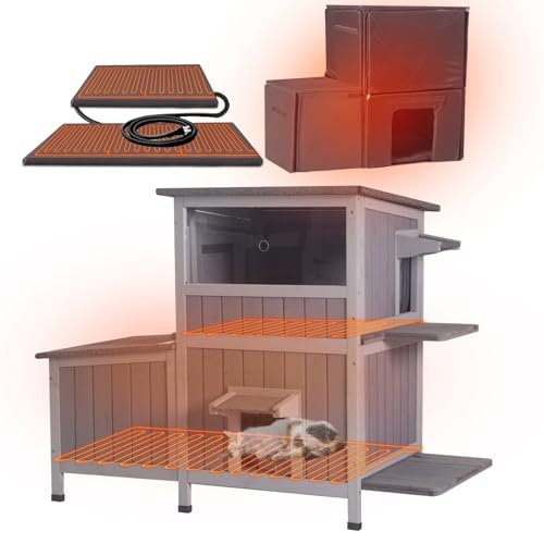 GUTINNEEN Heated Cat House for Outside Outdoor Cat House Insulated with Heated Pad, Insulated Liner, Dual-Section Large Wooden Shelter with Three Escape Doors for Multiple Cats