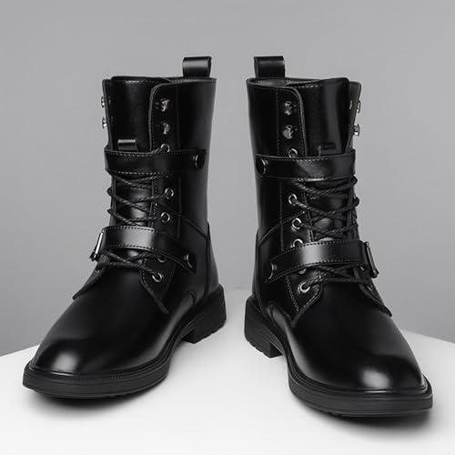 Men's Classic Leather Chukka Motorcycle Boots Comfort Round Toe High-top Lace-up Chunky Low Heel Casual Combat Booties with Two Buckle4