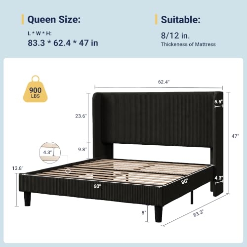 Image of Allewie Queen Size Platform Bed with Corduroy Wingback Headboard, Black