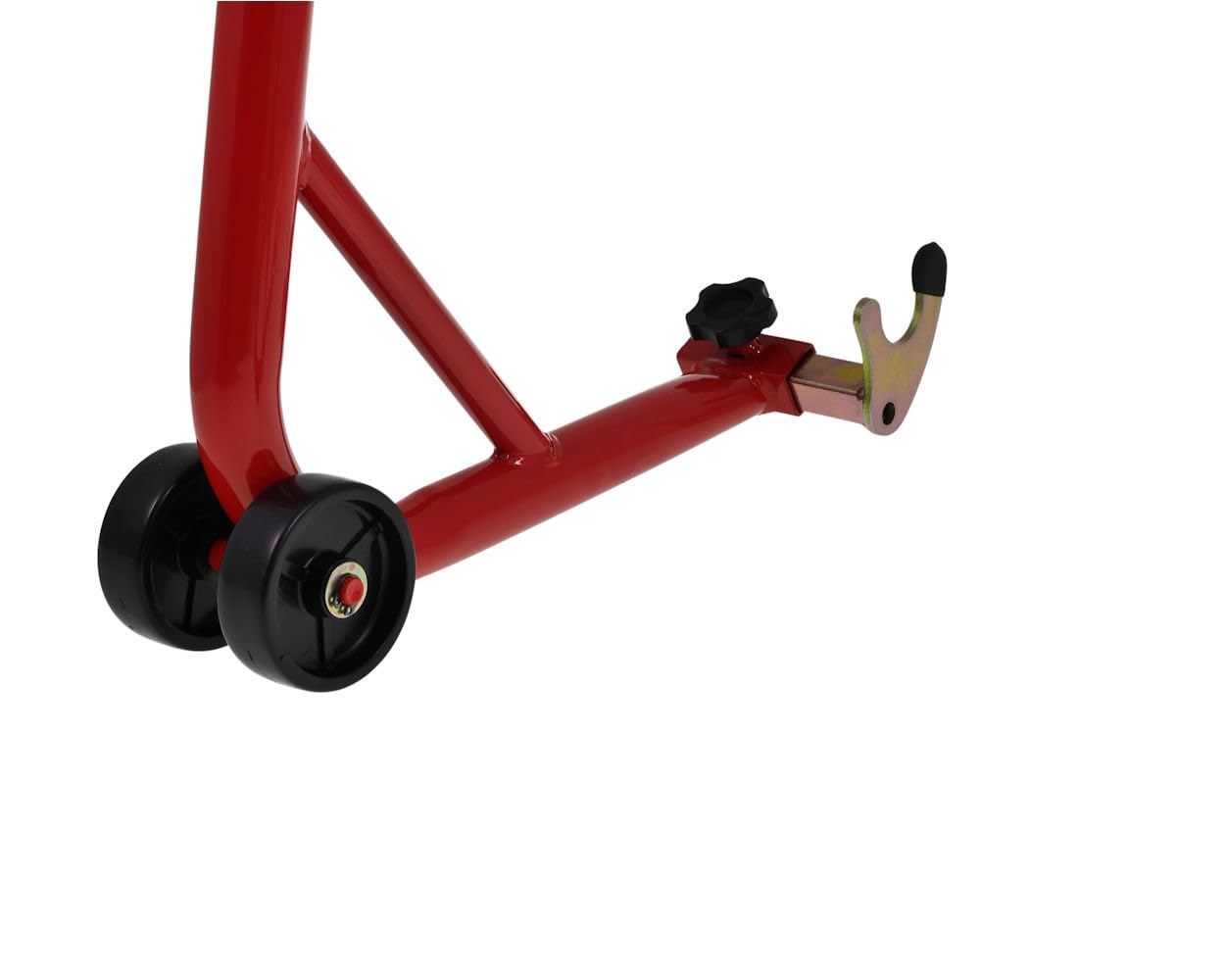 Caballete montaje moto – elevador delantero/trasero tipo U – ajustable 24–36 cm – hasta 450 kg – rojo – con ruedas