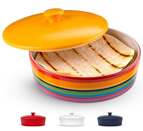 Tortilla Warmer, by Kook, Tortilla Holder, Taco Bar, Ceramic Hand-Painted with Lid, Authentic, Microwavable Storage Container, Dishwasher Safe, 8.5 Inch, Rainbow Feista