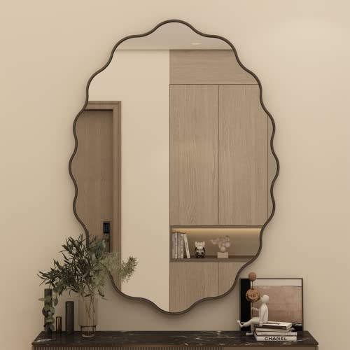 Charmor 24X36 Oval Bathroom Mirror, Matte Black Wavy Framed Bathroom Mirror, Irregular Mirror For Wall, Anti-Rust(Horizontal/Vertical) #TOP19