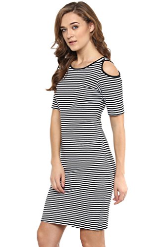 Image of Miss Chase Women's Grey and White Round Neck Half Sleeves Striped Mini Bodycon Dress