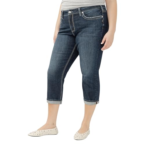 Silver Jeans Co. Women's Plus Size Suki Mid Rise Curvy Fit Capri Jeans, Dark Wash Indigo2