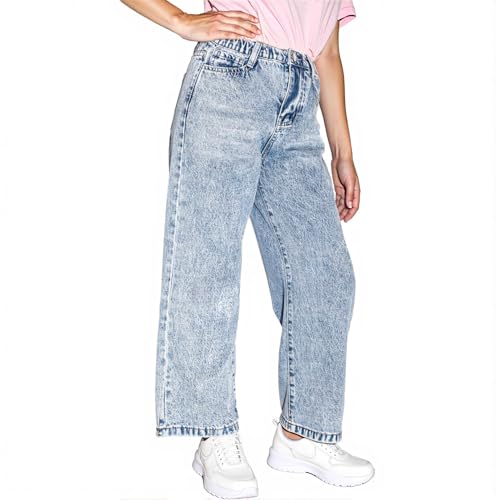 Girls Straight Leg Bootcut Baggy Jeans 8-12 Years - Mid Rise Adjustable Stretch Waist Pull Up Design 5 Pockets Washed Denim Pants for Tween Kids (11_Years,Blue,Straight Leg)