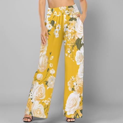 Wide Leg Palazzo Lounge Pants for Women 2025 Summer Boho Flower Flowy Palazzo Pants Beach Pants with Pockets3