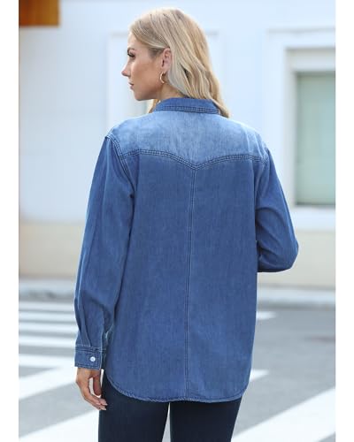 luvamia Long Denim Jacket for Women Lightweight Trendy Jean Button Down Shirts Jackets Oversized Shackets with Pockets4