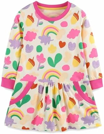 HILEELANG Toddler Girl Long Sleeve Dress Cotton Casual Jersey Shirt Playwear Applique Dress