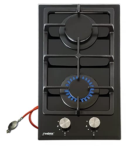 Phönix Domino-DG - Hornillo de gas empotrable (cristal, 2 fuegos, propano/gas natural, incluye regulador de manguera de gas)