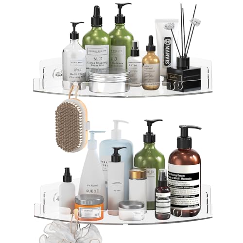 Durmmur 2 Pack Acrylic Corner Shower Caddy, Clear Corner Shower Shelf with 4 Hooks, Adhesive Wall Mounted Bathroom Shower Shelf Organizer for Inside Shower & Kitchen Storage