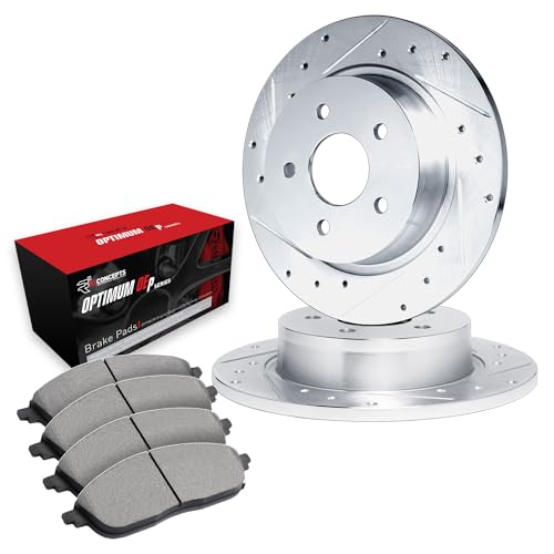 Image of R1 Concepts Rear Brake Kit Fits 2013 Audi A3; 2013-2019 Volkswagen Beetle | 2015-2016 Volkswagen Golf| Optimum Oep Brake Pads and Drilled Slotted eLINE Brake Rotors| 10.0 inch Rear