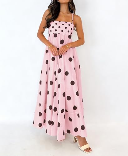 Image of NUFIWI Women Summer Striped Maxi Dress Spaghetti Strap Cutout Ruffle Long Dress Flowy Swing Beach Vocation Dress