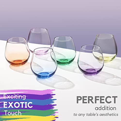 Colovie Colored Wine Glasses Set Of 6, Stemless Wine Glasses, Large 15Oz, Colorful Short Glass Wine Tumbler Set, Red Wine Glasses, White Wine Glasses, Crystal Drinking Glasses, Auxity Glassware #TOP3