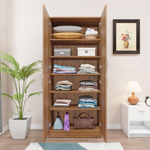 Image of VIKI Wardrobe | Wooden Almirah for Open Shelves with 4 Small Door Wardrobe (Brussel Walnut - 40D x 80W x 180.8H) | 1 Year Warranty | Free Assembly