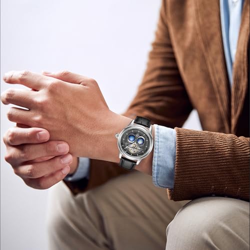 Image of SEAKOSS Luxury Automatic Mechanical Watch for Men, 47mm Skeleton Dress Watch with Dual Hemisphere Dial, Self Winding Movement, Genuine Leather Strap, 5ATM Waterproof