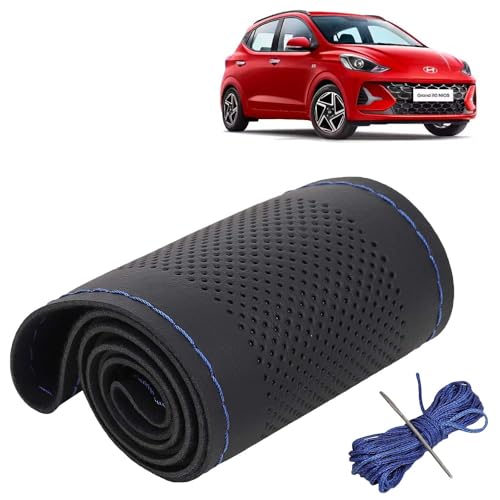 Image of KINGSWAY PU Leatherite Car Steering Cover Sewable Compatible with Hyundai Grand I10 Nios (Year 2023 Onwards), Black Color with Blue Thread, Pack of 1 with Sewing Needle and Thread