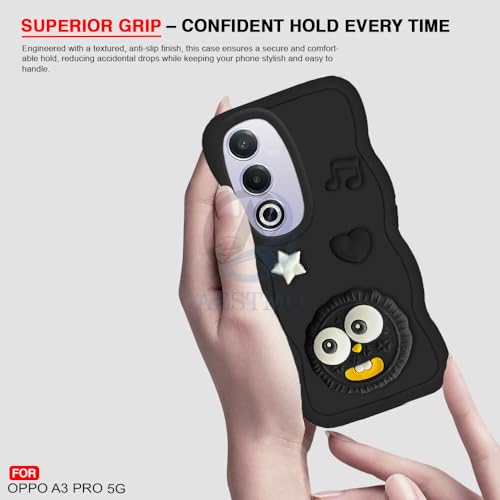 Image of AESTMO Back Case Cover for Oppo A3 Pro 5G | 3D Cute Fun Cartoon Characters | Anti Slip Grip Cute Wave Curly Frame Shape | Full Body Protection Back Cover for Oppo A3 Pro 5G (Black)