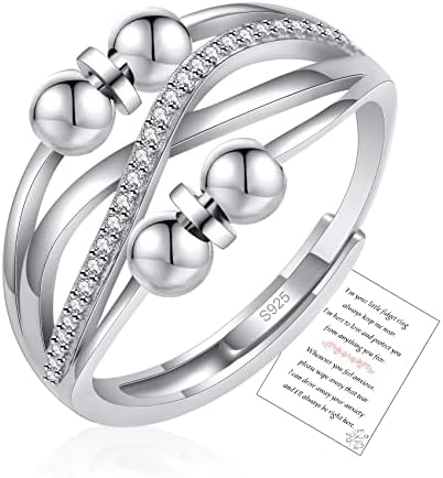 PRETOLE Silver Anxiety Rings for Women Girls,Adjustable Anti Anxiety Ring with Beads,925 Sterling Silver Spinner Thumb Fidget Ring,Aniexty Stress Relief Rings for Women