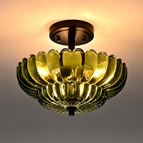 Image of Modern Green Glass Scalloped 3-Light Flush Mount Ceiling Light Black Base | Vintage Ceiling Lights, Close to Ceiling Light, Semi Flush Mount Ceiling Light for Hallway Bedroom Entryway Kitchen