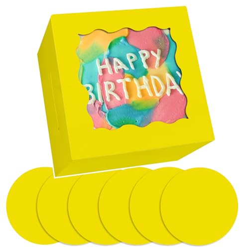 Gcardist Lot de 5 boîtes à gâteau jaunes de 15,24 x 15,24 x 12,7 cm avec fenêtre et 5 planches rondes à gâteau jaunes de 15,24 cm, récipients à gâteau de 15,24 cm