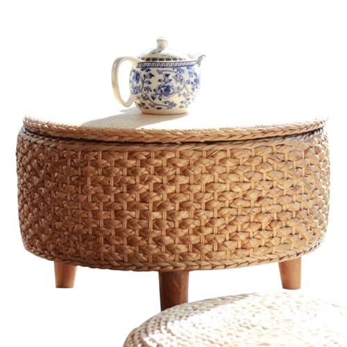 Table Basse Ronde Petit Tissage en Rotin De Style Japonais Table À Café avec Espace De Rangement, Accueil De Bureau Fait À La Main Table D'appoint, Cadeau...