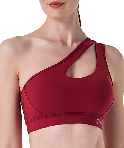 LEOQ One Shoulder Sports Bra for Women, Strappy Padded Sports Bra Yoga Tops with Removable Cups (2030 Red M)