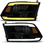 oEdRo LED DRL Headlight Assembly Replacement for 09-18 Dodge Ram 1500, 10-18 2500 3500, Headlamps w/ Sequential Turn Signal, Smoked Lens Black Housing - Pair Set