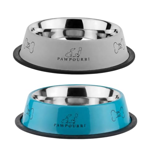 Image of Combo of Anti-Skid Feeding Bowls for Dogs, Cats & Puppy Pet Bowl Pack 2 Stainless Steel Pet Bowl (700 ml Each, Blue & White)