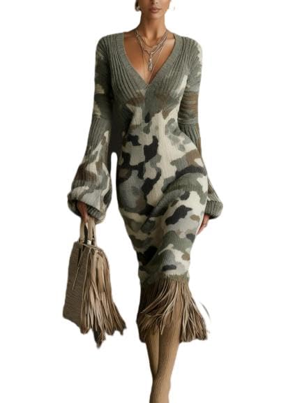 Women’s Neutral Abstract V-Neck Midi Dress,Long Sleeve Bohemian Wedding Guest Dress with Soft Tones