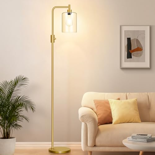 【Upgraded】Dimmable Gold Floor Lamp for Living Room with Clear Glass Lampshade, Glass Modern Floor Lamp with 900LM Edison Bulb Included, Standing Tall Lamp for Bedroom, Office, Reading Room, Corner