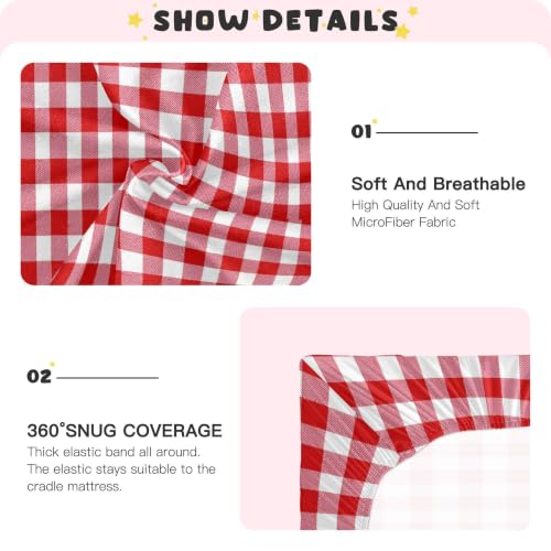 Image of Red White Gingham Plaid Crib Sheets Soft Breathable Fitted Baby Crib Sheets Mattress Cover for Girls Boys, 52 inch x 28 inch x 9 inch
