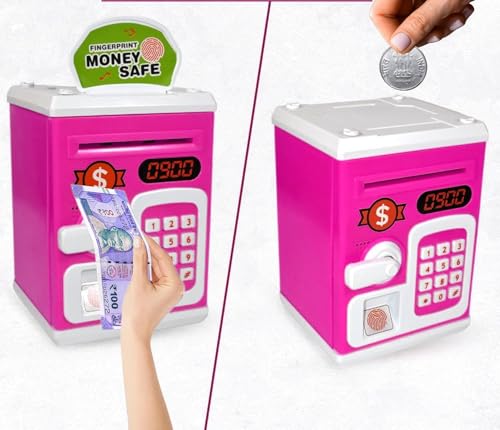 Image of ATM Piggy Bank for Kids Boys and Girls | Money Box with ₹10,000 Saving Target | Money Bank with Lock Touch Sensor | Auto Scroll Cash Gullak for Kids | Piggy Bank for Girls & Boys (Pink)