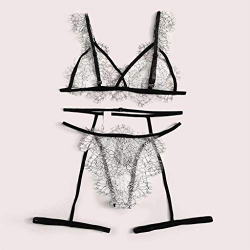 Atezch Women Lingerie Sets with Garter Belt 2 Piece Lace Teddy Babydoll Sexy Bodysuit Sexy Eyelash Floral Lace Suit (White, M)