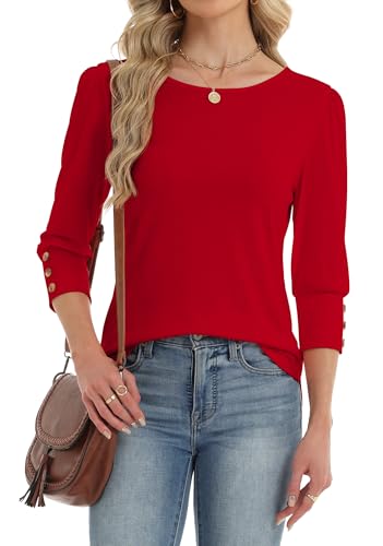 Image of INFITTY 3/4 Sleeve Tops for Women Round Neck Dressy Basics Tees Casual Trendy Puff Sleeve T Shirts Red XL
