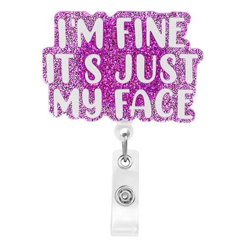 Ymapinc Funny Nurse Badge Reel Retractable I'm Fine It's Just My Face ID Badge Holder Nurse Badge Holder with Alligator Clip Badge Reel Holder Purple Glitter Medical Badge Reel