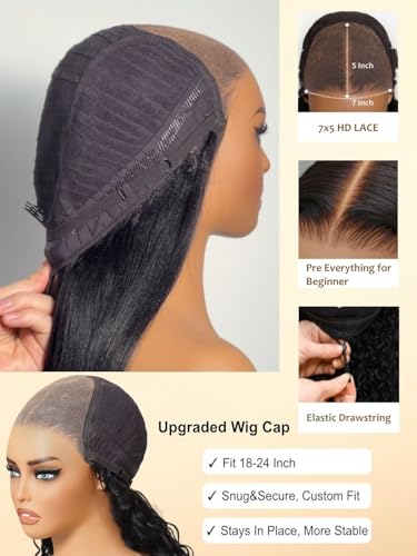 Image of Sunber Chestnut Brown Ombre Yaki Straight Bob Drawstring Wig Human Hair No Slip Glueless 7x5 HD Lace Front Wig Pre Cut Pre Plucked Bleached Knots Ready to Wear Short Yaki Bob Wig 12 Inch
